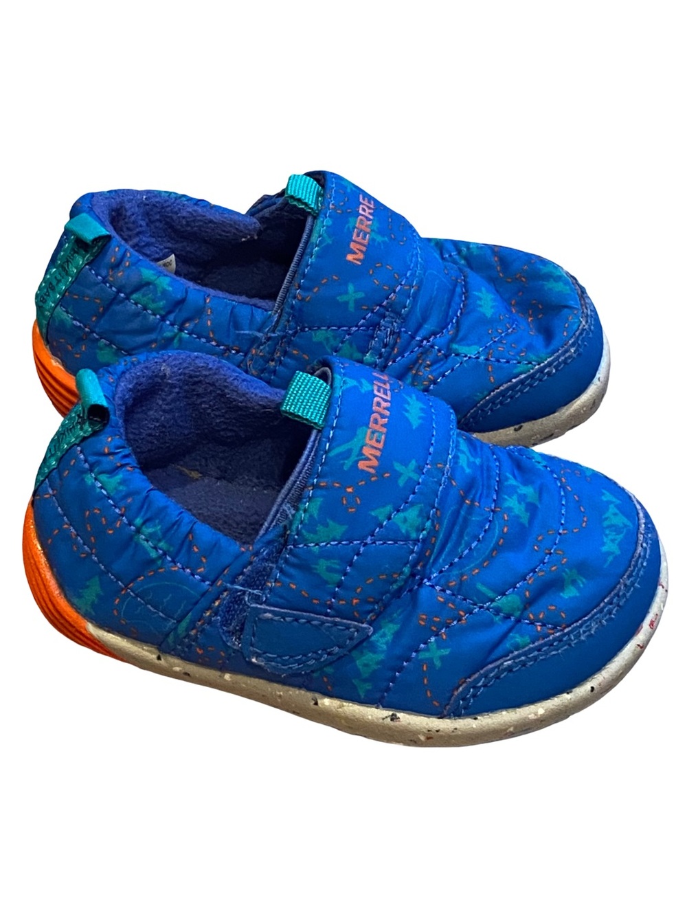 Merrell toddler Hut Moc Bare Steps blue orange moccasin shoes size US 4.5
